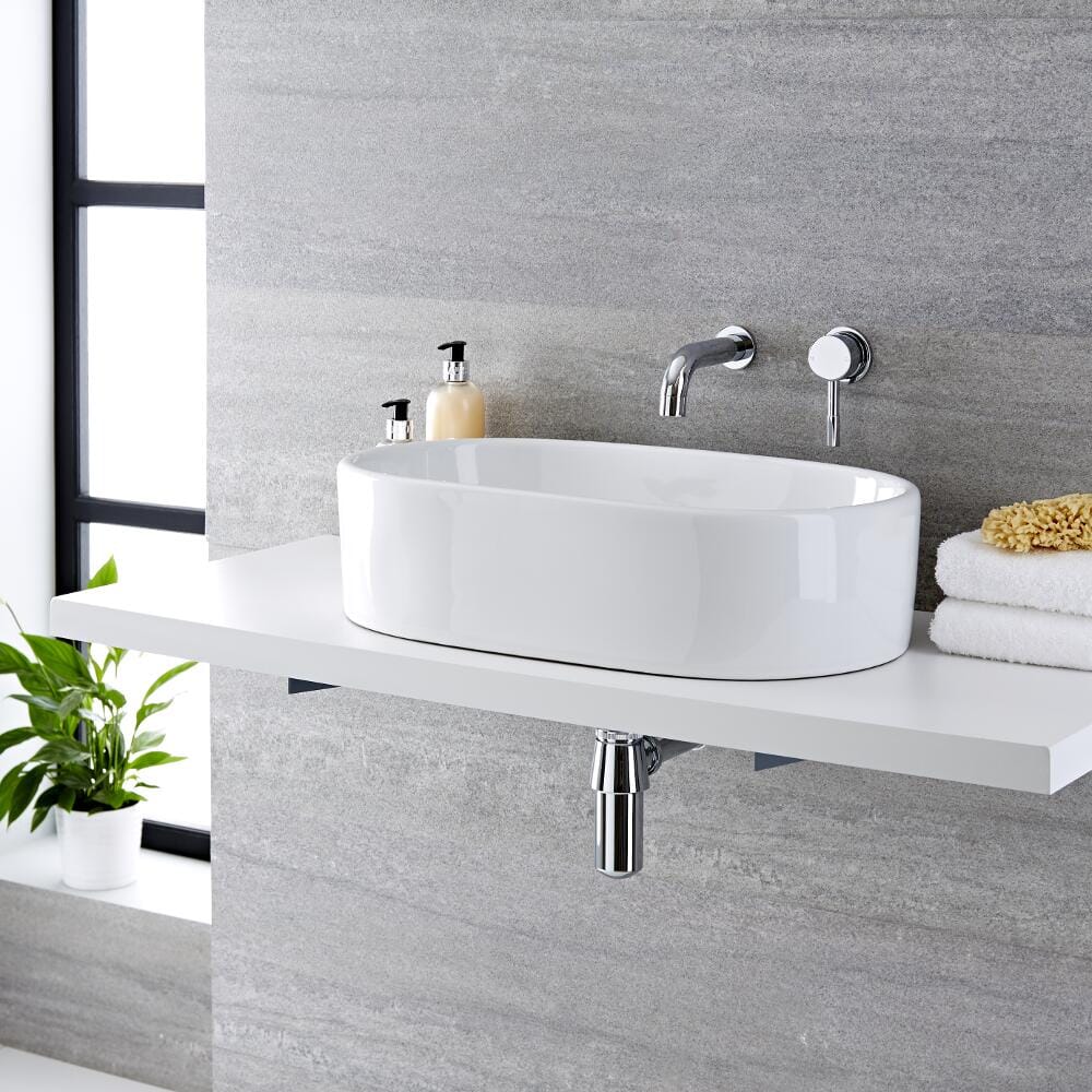 Lavabo Bagno da Appoggio in Ceramica Ovale 575x360mm con Rubinetto Miscelatore Murale -  Otterton