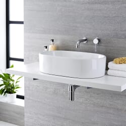 Lavabo Bagno da Appoggio in Ceramica Ovale 575x360mm con Rubinetto Miscelatore Murale - Otterton