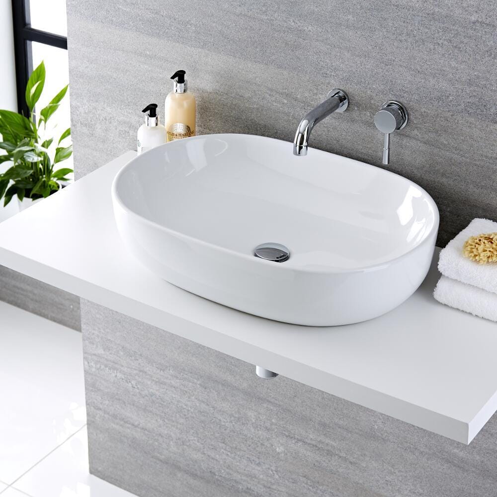Lavabo Bagno da Appoggio Ovale 590x425mm in Ceramica con Rubinetto Miscelatore per Lavabo-  Otterton