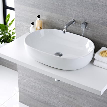 Lavabo Bagno da Appoggio Ovale 590x425mm in Ceramica con Rubinetto Miscelatore per Lavabo-  Otterton