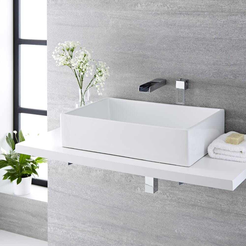 Lavabo da Appoggio Rettangolare Moderno - Bianco - con Miscelatore a Parete - 610 mm x 400 mm - Haldon