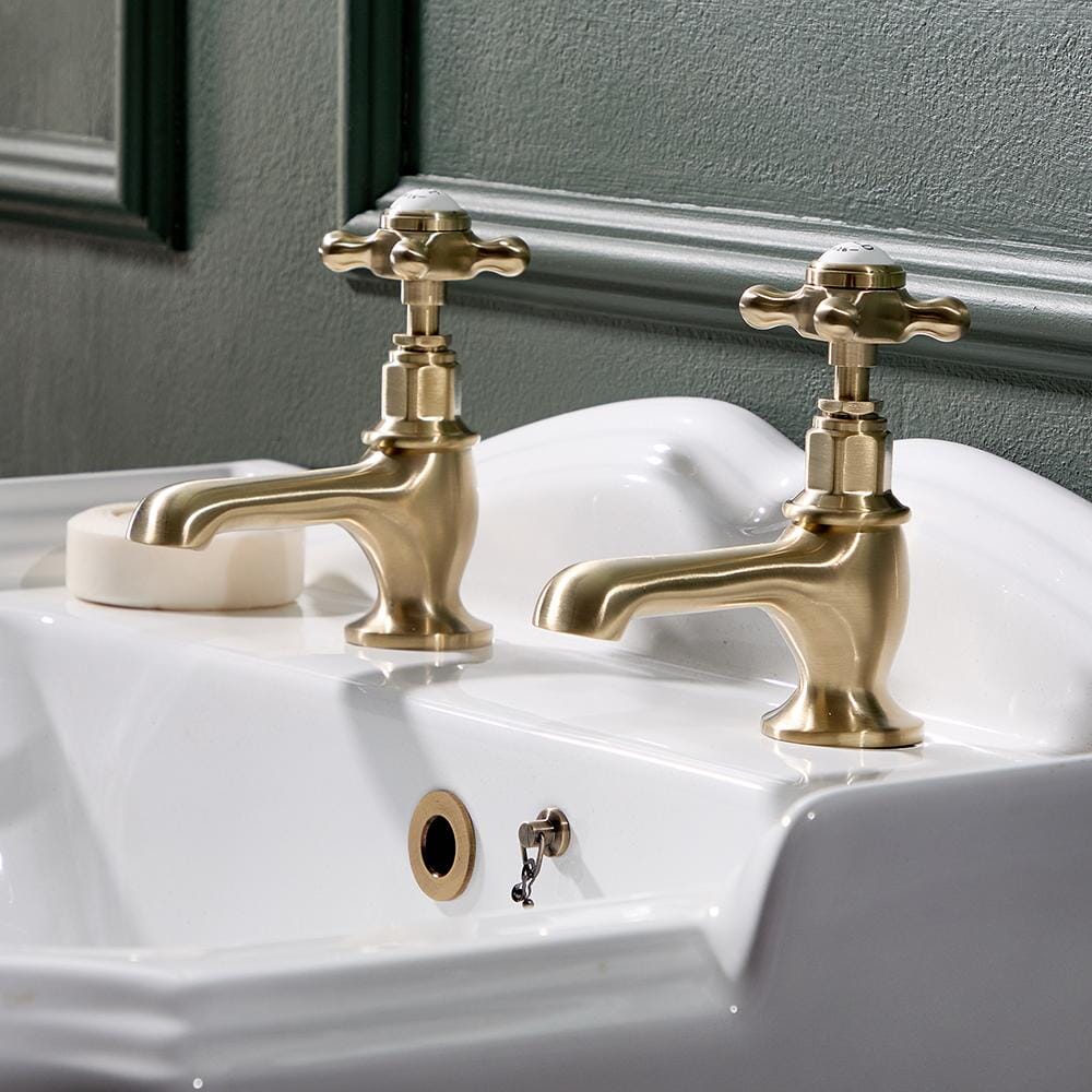 Hudson Reed Elizabeth - Coppia Rubinetti Singoli per Lavabo Tradizionale con Maniglie a Croce - Oro Satinato 