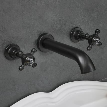 Rubinetto Miscelatore Murale a 3 Fori per Lavabo con Maniglie a Croce - Nero - Elizabeth
