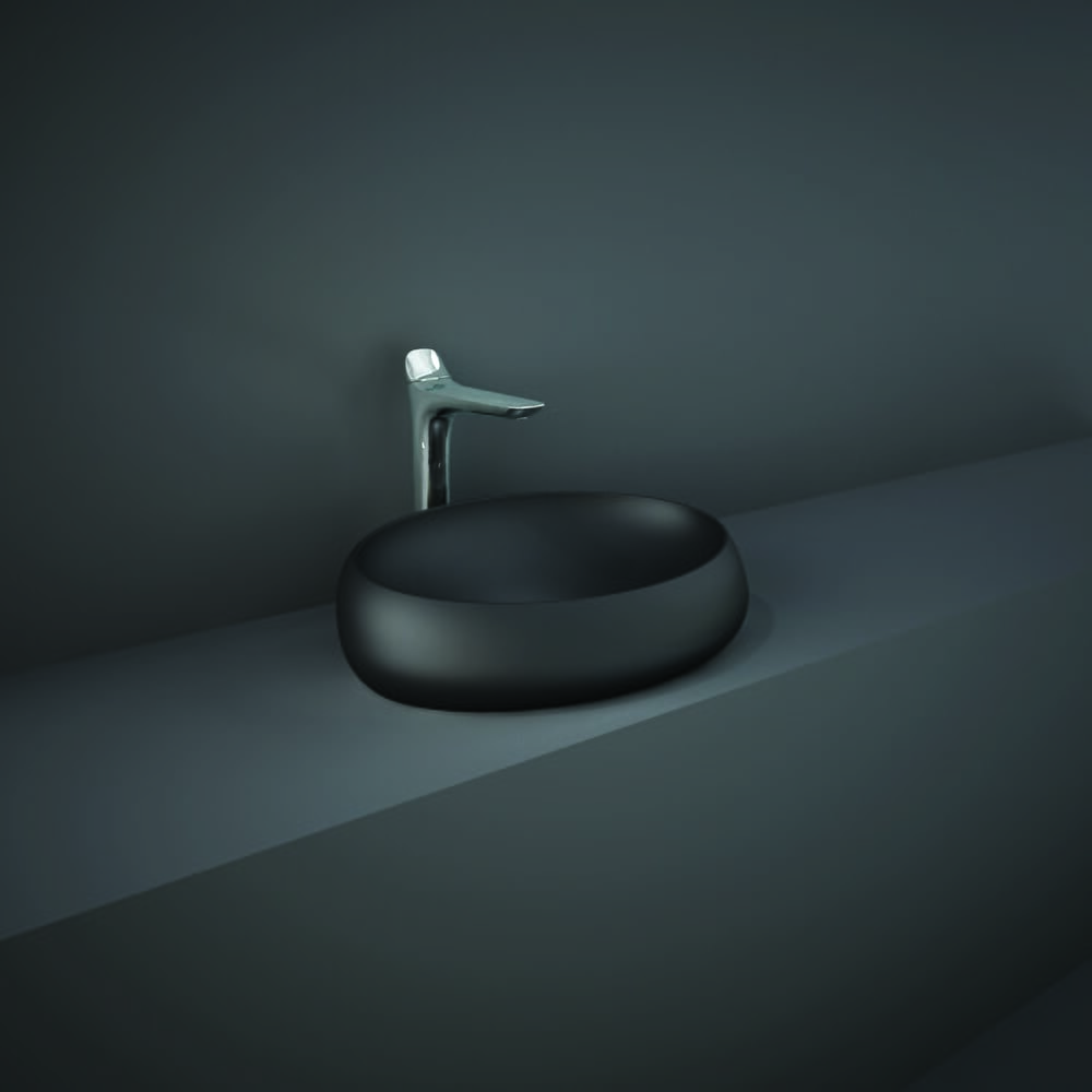 Lavabo da Appoggio Moderno Ovale - 580mm x 400mm - Nero Opaco - Senza Fori per Rubinetto - Hudson Reed x RAK Cloud