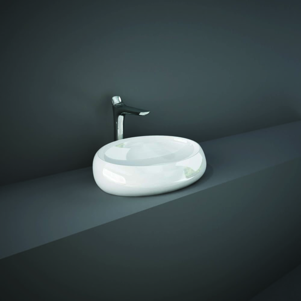 Lavabo da Appoggio Ovale Moderno - Bianco Lucido - 580mm x 400mm (Senza Fori per la Rubinetteria) - Hudson Reed x RAK Cloud