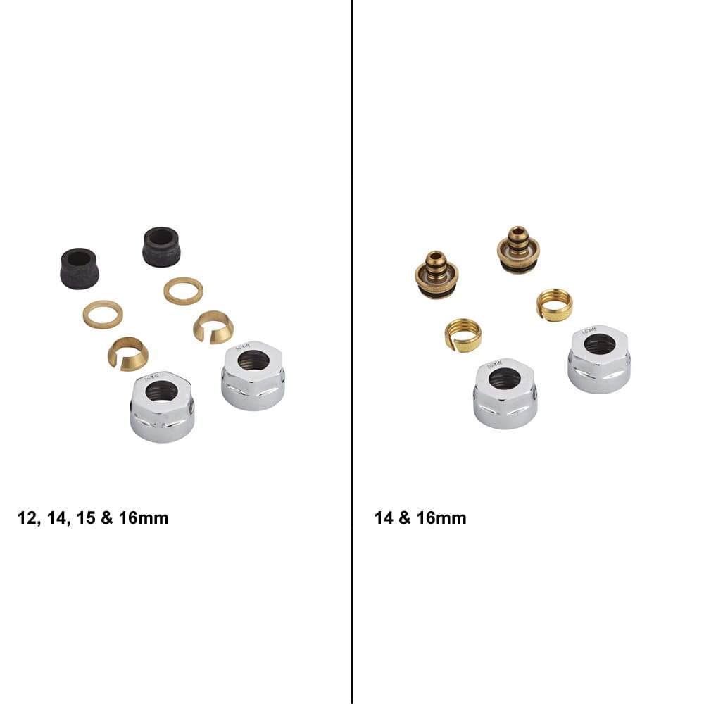Coppia di Valvole a Squadra per Radiatori e Scaldasalviette con Testa Termostatica Bianca e Selezione di Adattatori - Pex e Multistrato 12mm