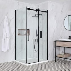 Box Doccia Angolare Nero con Porta Scorrevole Senza Telaio e Piatto Doccia - Scelta di Dimensioni - Nox