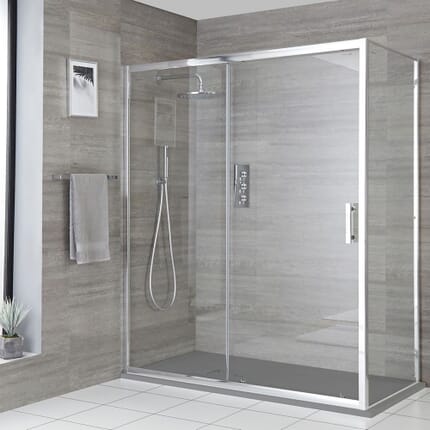 Box Doccia Angolare con Porta Scorrevole con Piatto Doccia Effetto Ardesia - Portland