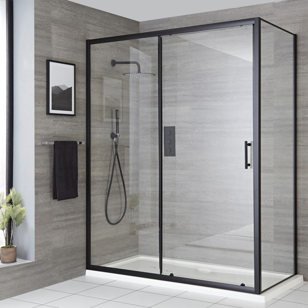 Porta Doccia Scorrevole Angolare Nera con Piatto Doccia - Diverse Misure Disponibili - Nox