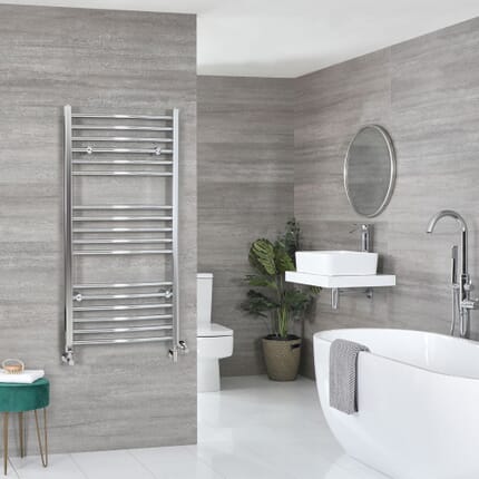 Scaldasalviette Misto Cromato Curvo - 1200mm x 600mm - incl. 400 Watt Elemento Riscaldante, Raccordo a T e Valvole - Kent