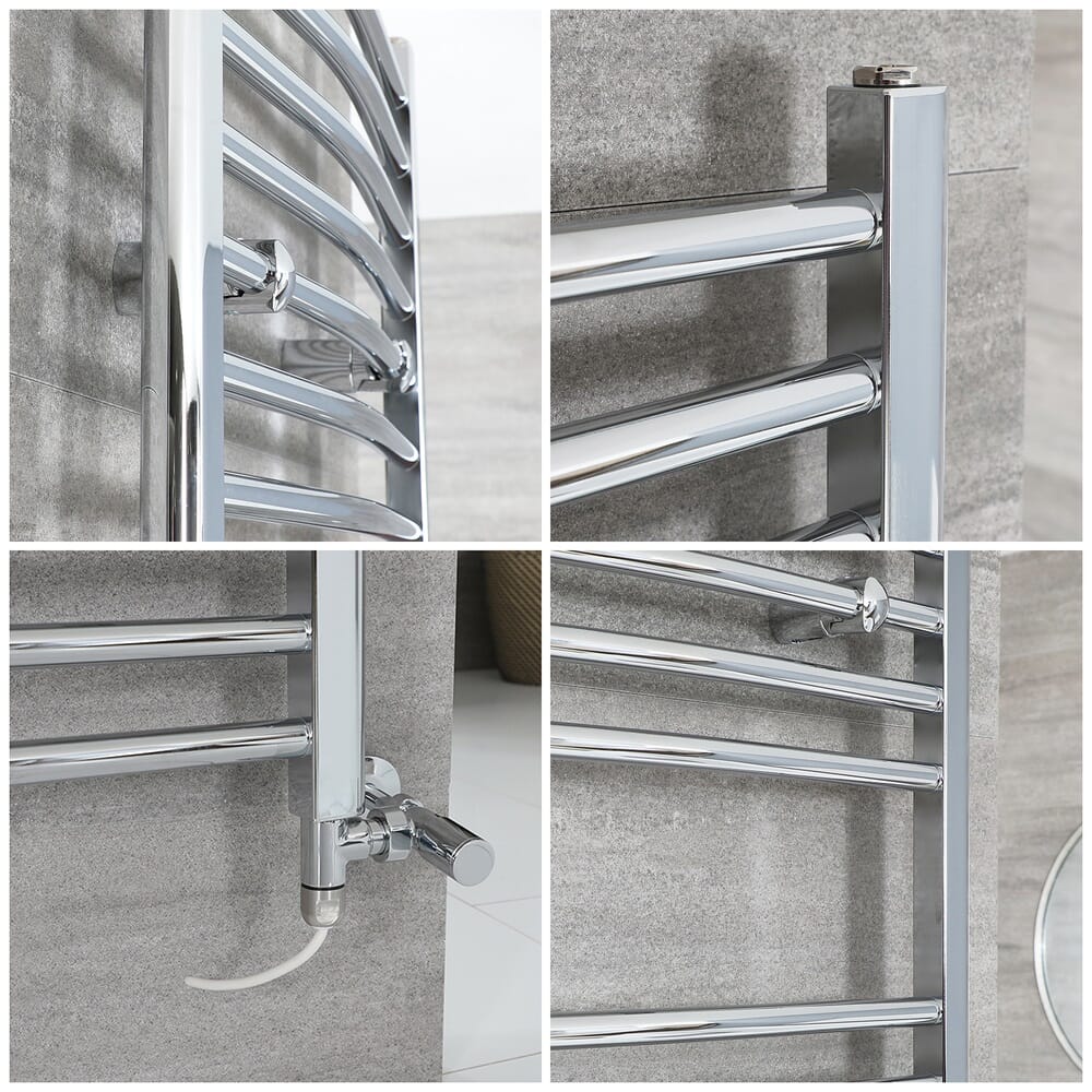 Scaldasalviette Misto Cromato Curvo - 1800mm x 600mm - incl. 1000 Watt Elemento Riscaldante, Raccordo a T e Valvole - Kent