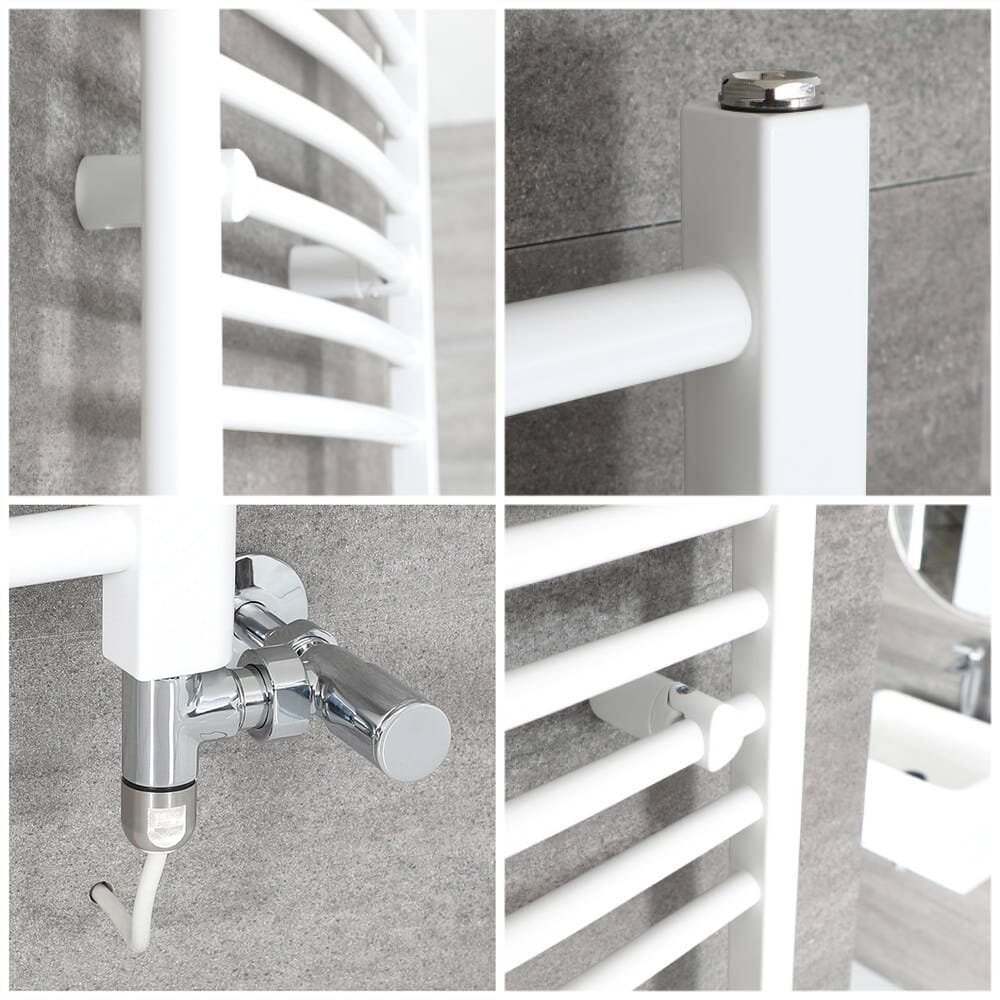 Scaldasalviette Misto Bianco Curvo - 1200mm x 500mm - incl. 600 Watt Elemento Riscaldante, Raccordo a T e Valvole -Ive
