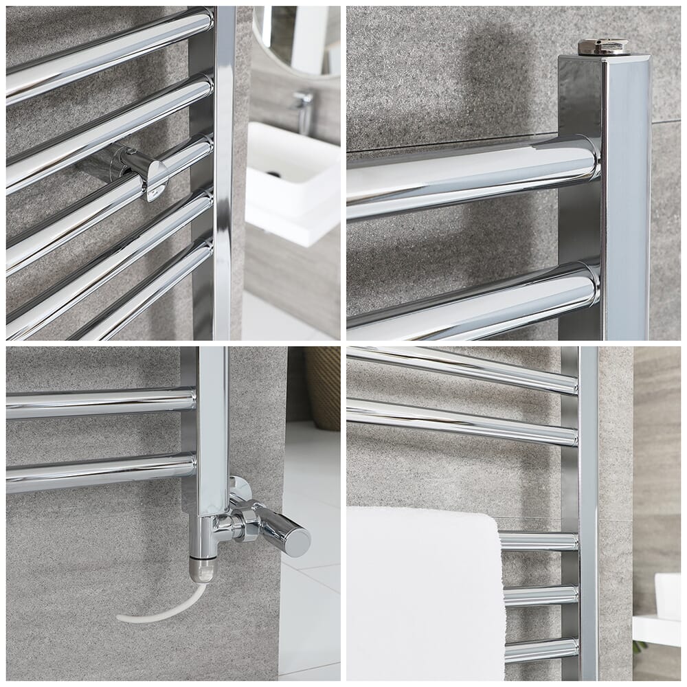 Scaldasalviette Misto Cromato Piatto - 1200mm x 400mm - incl. 300 Watt Elemento Elettrico Riscaldante, Raccordo a T e Valvole - Kent