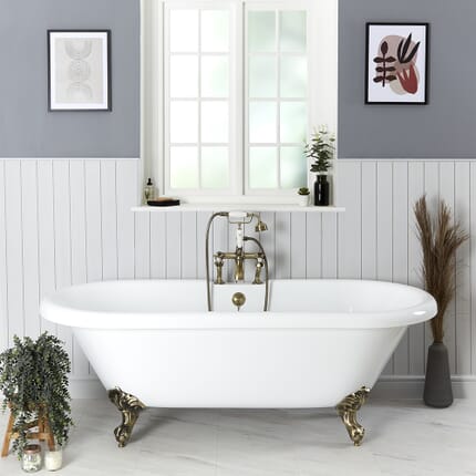 Vasca da Bagno Bianca Tradizionale Centro Stanza e Piedini Oro Spazzolato – 1795mm x 785mm – Legend