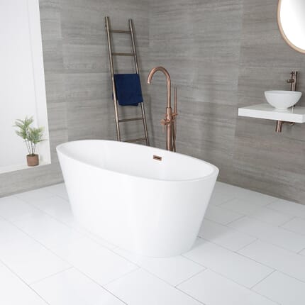 Vasca da Bagno Centro Stanza Ovale Moderna – Bianca - 1595mm x 740mm – Scelta di Finiture per il Troppopieno – Ashbury