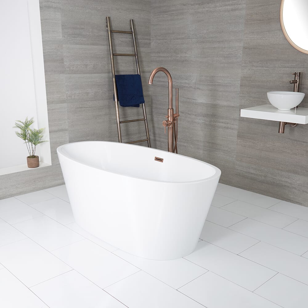 Vasca da Bagno Centro Stanza Ovale Moderna – Bianca - 1595mm x 740mm – Scelta di Finitura Troppopieno – Ashbury