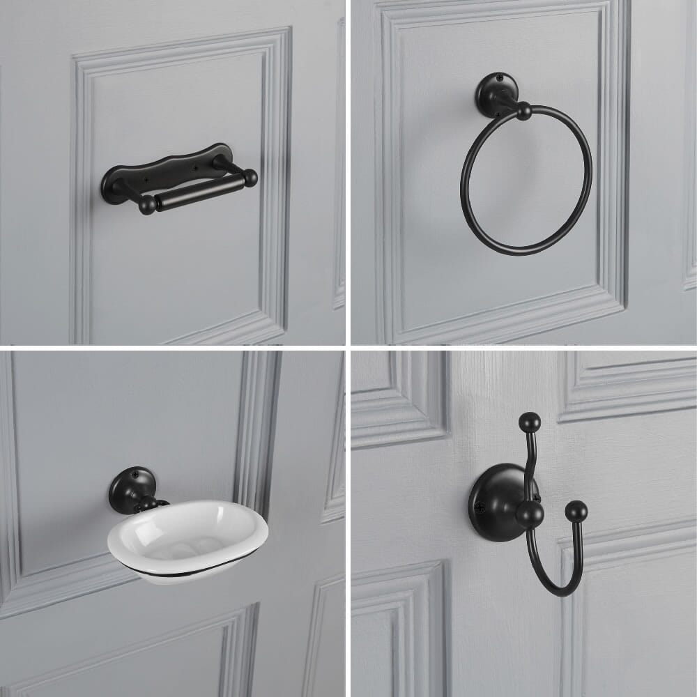 Set accessori bagno moderno in finitura nera opaca con dettagli in