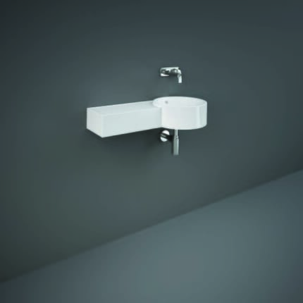 Lavabo Moderno Sospeso Rotondo - Sporgenza a Sinistra - Bianco Lucido - 765mm x 360mm - Hudson Reed x RAK Petit (No Fori)