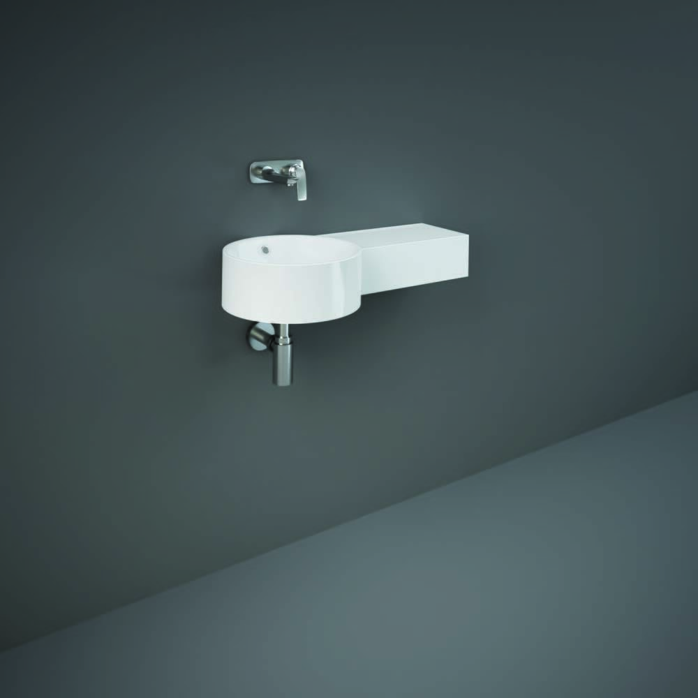 Lavabo Moderno Sospeso Rotondo - Sporgenza a Destra - Bianco Lucido -  765mm x 360mm - Hudson Reed x RAK Petit (No Fori)