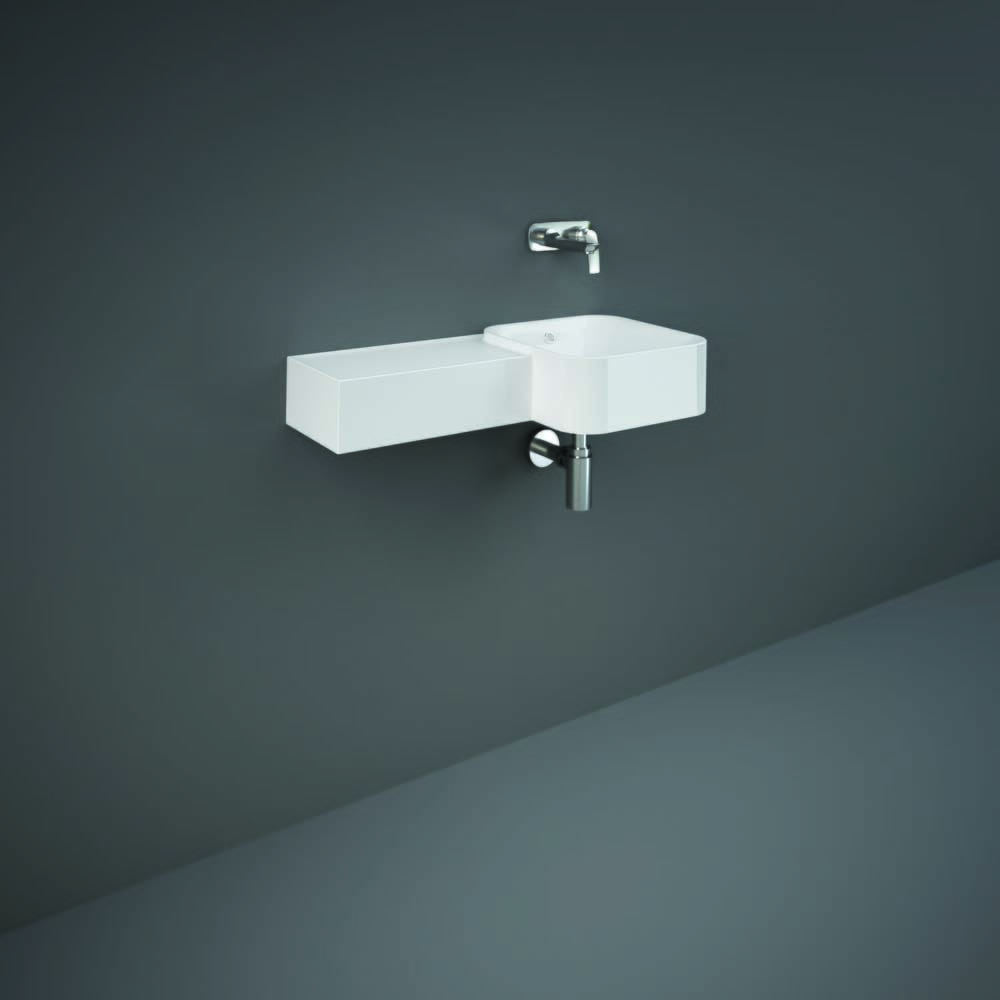 Lavabo Moderno Sospeso Quadrato - Sporgenza a Sinistra - Bianco Lucido - 765mm x 360mm - Hudson Reed x RAK Petit (No Fori)