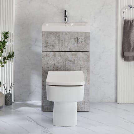 Set Bagno Moderno Completo di Sanitario Exton e Lavabo - Grigio Cemento - 500mm x 890mm - Pulsante di Scarico Cromato - Cluo
