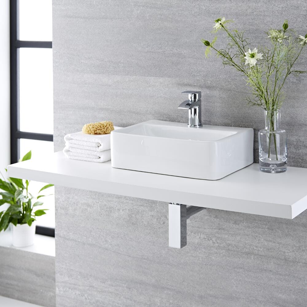 Lavabo Bagno da Appoggio Sospeso in Ceramica Rettangolare 400x295mm con Rubinetto Miscelatore - Exton
