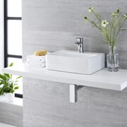 Lavabo Bagno da Appoggio Sospeso in Ceramica Rettangolare 400x295mm con Rubinetto Miscelatore - Exton