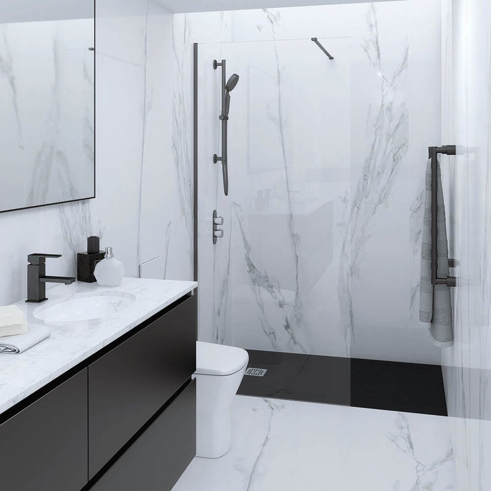 Box Doccia Walk-in con Piatto Doccia Antiscivolo Nero Opaco - Scelta di Dimensioni - RAK Feeling