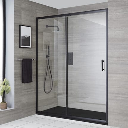 Porta Doccia Scorrevole Nox con Piatto Doccia Effetto Pietra - Disponibile in Diverse Misure
