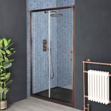 Porta Scorrevole con Piatto Doccia Effetto Ardesia- Rame Spazzolato - Eris