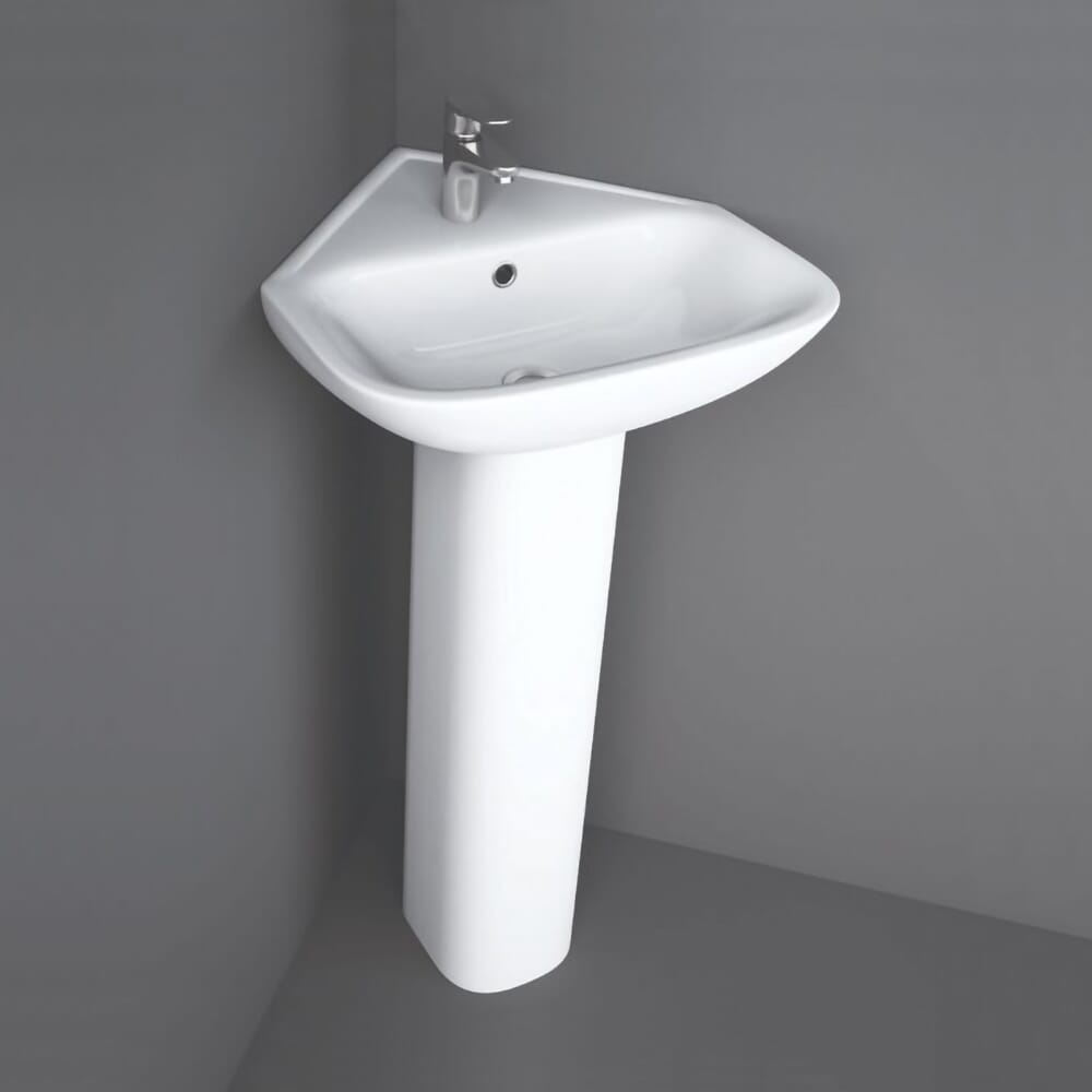 Lavabo ad Angolo Moderno Bianco Lucido con Colonna - 450 mm (1 Foro per Rubinetto) - Hudson Reed x RAK Origin