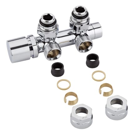 Valvole a Squadra per Radiatori e Scaldasalviette con Attacco Centrale Complete di Adattatori per Raccordi 16mm per Tubi in Rame - Multiblock H