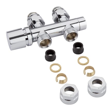 Valvole Diritte per Radiatori e Scaldasalviette per Attacco Centrale Complete di Testa Cromata e Adattatori per Raccordi 15mm per Tubi in Rame - Multiblock H