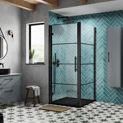 Porta Doccia a Battente Nera - Scelta di Dimensioni e Pannello Laterale - Apex