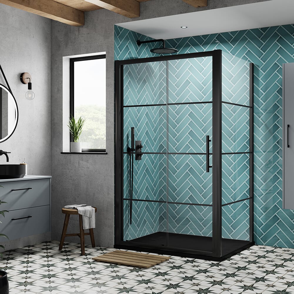 Box Doccia Angolare con Porta Scorrevole Nera e Piatto in Ardesia - Dimensioni a Scelta - Apex