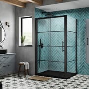 Box Doccia Angolare con Porta Scorrevole Nera e Piatto in Ardesia - Dimensioni a Scelta - Apex