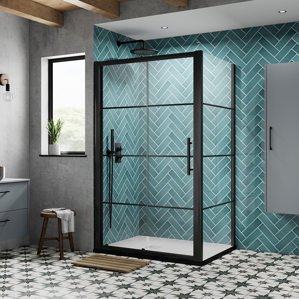 Box Doccia Angolare con Porta Scorrevole Nera e Piatto Doccia - Dimensioni a Scelta - Apex