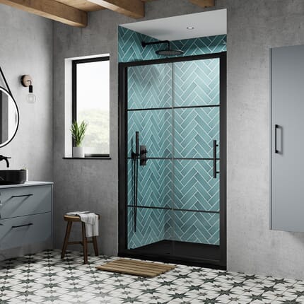Box Doccia con Porta Scorrevole Nera e Piatto in Ardesia - Dimensioni a Scelta - Apex