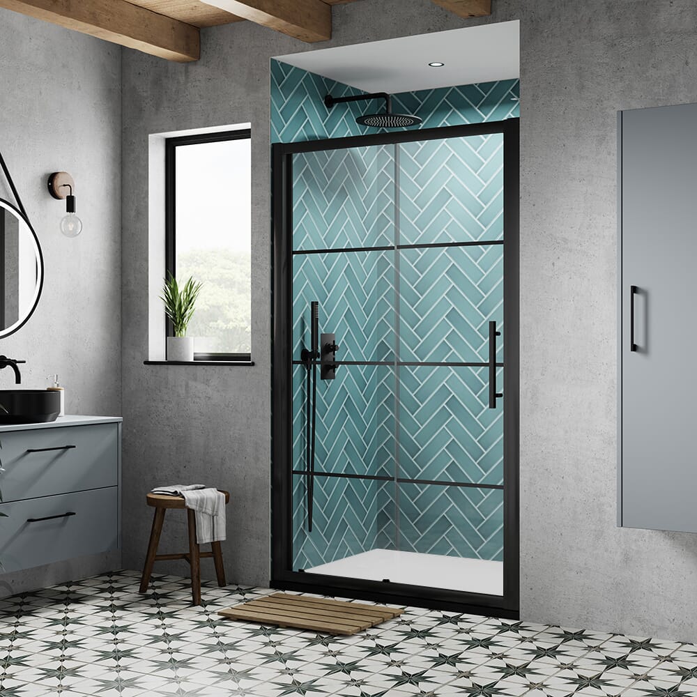 Box Doccia con Porta Scorrevole Nera e Piatto Doccia - Dimensioni a Scelta - Apex