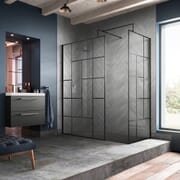 Box Doccia Walk In con Parete a Griglia Nera Astratta e Piatto Doccia Effetto Ardesia -Scelta delle Dimensioni e Opzione Anta Paraspruzzi