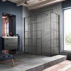 Box Doccia Walk In con Parete a Griglia Nera Astratta e Piatto Doccia Effetto Ardesia -Scelta delle Dimensioni e Opzione Anta Paraspruzzi