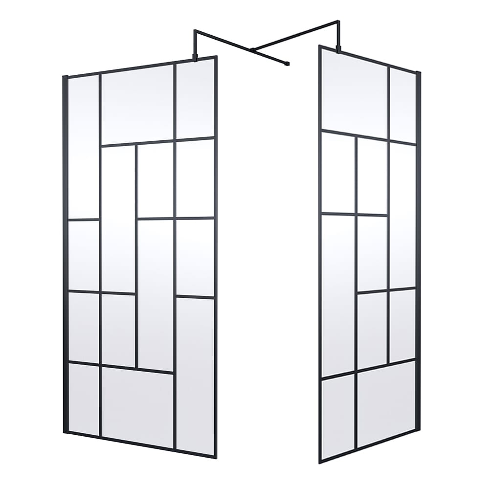 Box Doccia Walk In con Parete a Griglia Nera Astratta e Piatto Doccia -Scelta delle Dimensioni e Opzione Anta Paraspruzzi
