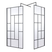 Box Doccia Walk In con Parete a Griglia Nera Astratta e Piatto Doccia -Scelta delle Dimensioni e Opzione Anta Paraspruzzi