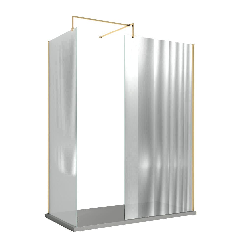 Box Doccia Walk In Ottone Spazzolato in Vetro Scanalato con Piatto Doccia Effetto Ardesia - Scelta delle Dimensioni e Opzione Anta Paraspruzzi