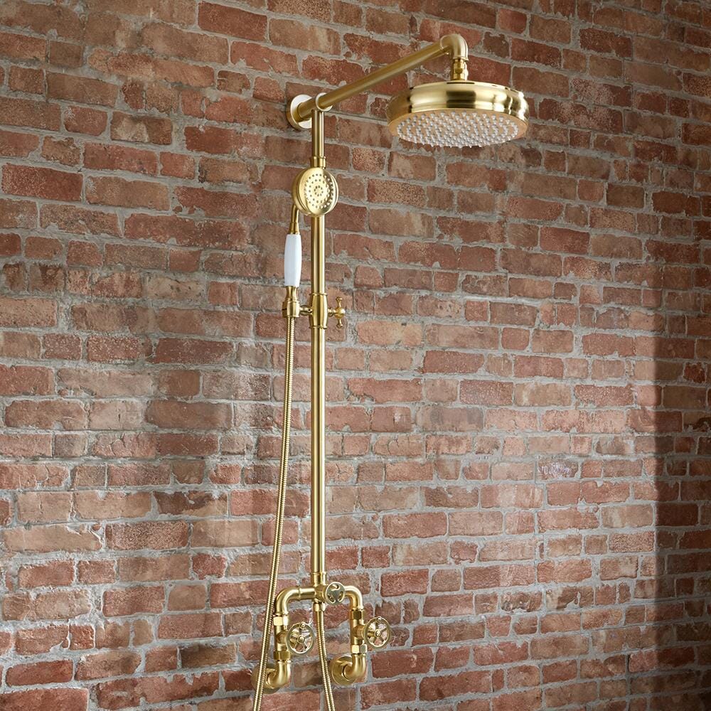 Miscelatore Doccia Esposto Manuale Stile Industriale con Soffione Tondo e Doccetta - Oro Satinato - Zandra