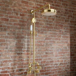 Miscelatore Doccia Esposto Manuale Stile Industriale con Soffione Tondo e Doccetta - Oro Satinato - Zandra