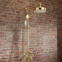 Miscelatore Doccia Esposto Manuale Stile Industriale con Soffione Tondo e Doccetta - Oro Satinato - Zandra