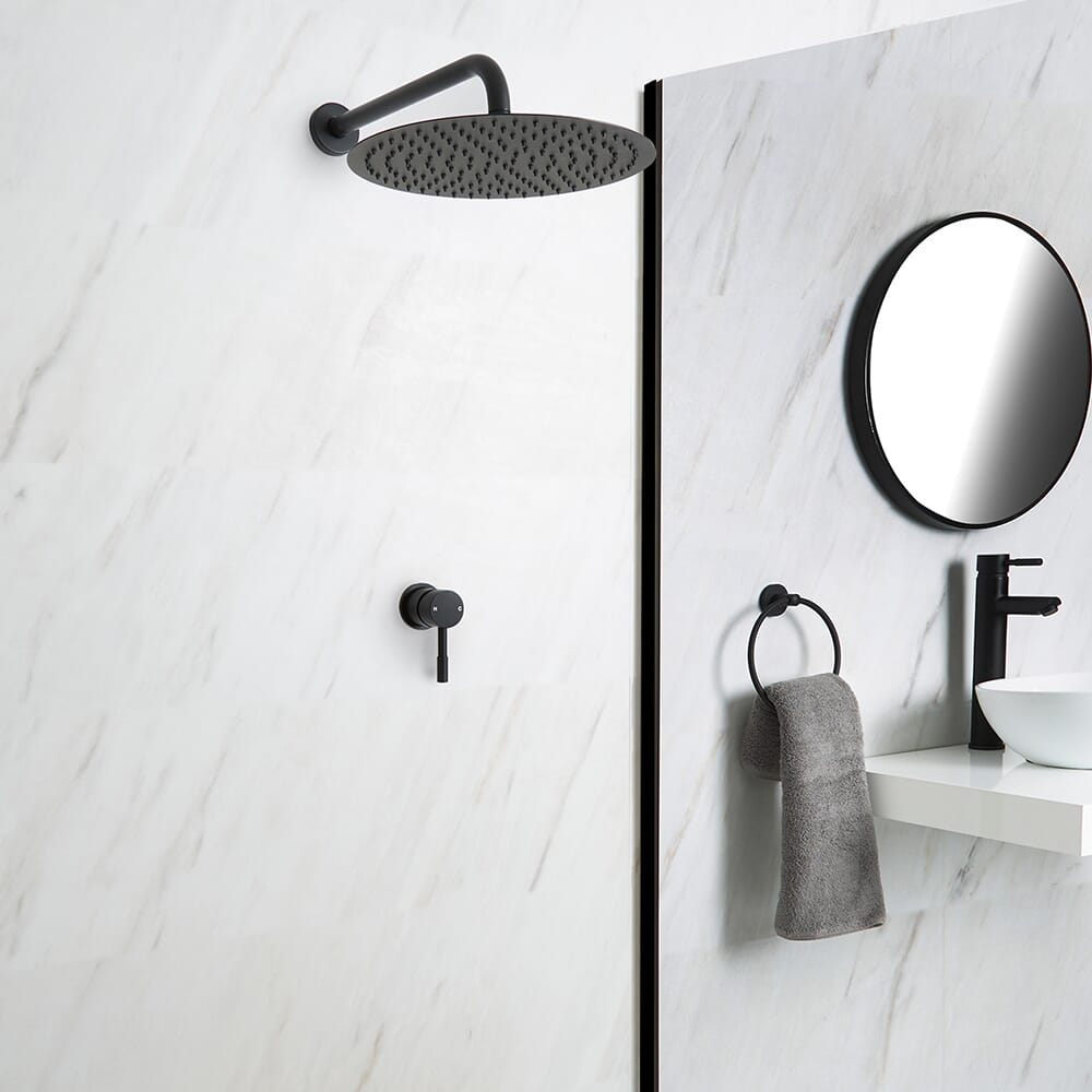 Miscelatore Doccia Manuale ad Incasso Nero ad 1 Via Completo di Soffione Doccia Circolare 300mm e Braccio Doccia - Nox