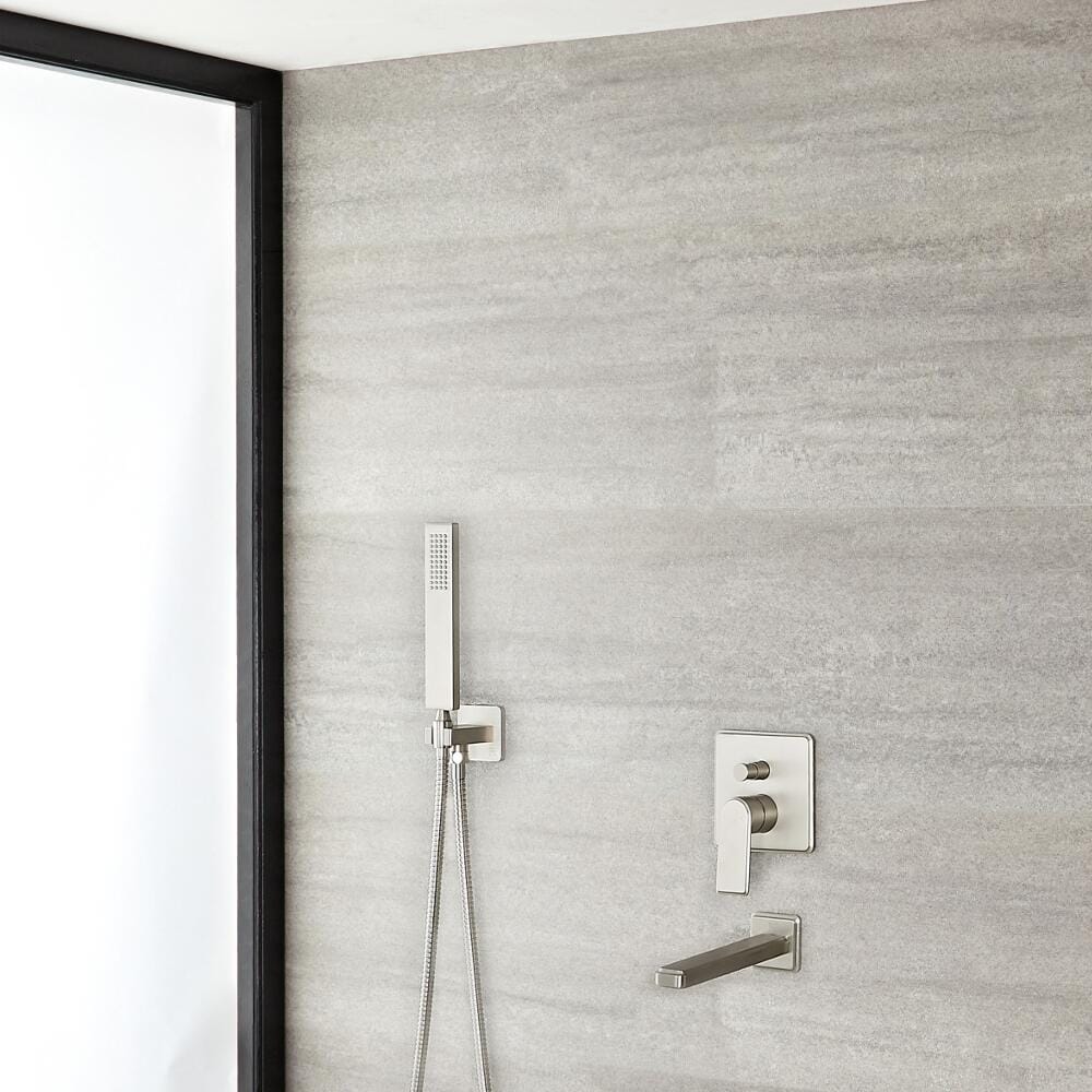 Kit Doccia Completo di Miscelatore Doccia Manuale a 2 Vie con Finitura in Nichel Spazzolato, Deviatore, Kit con Asta Saliscendi e Doccetta Quadrata - Harting
