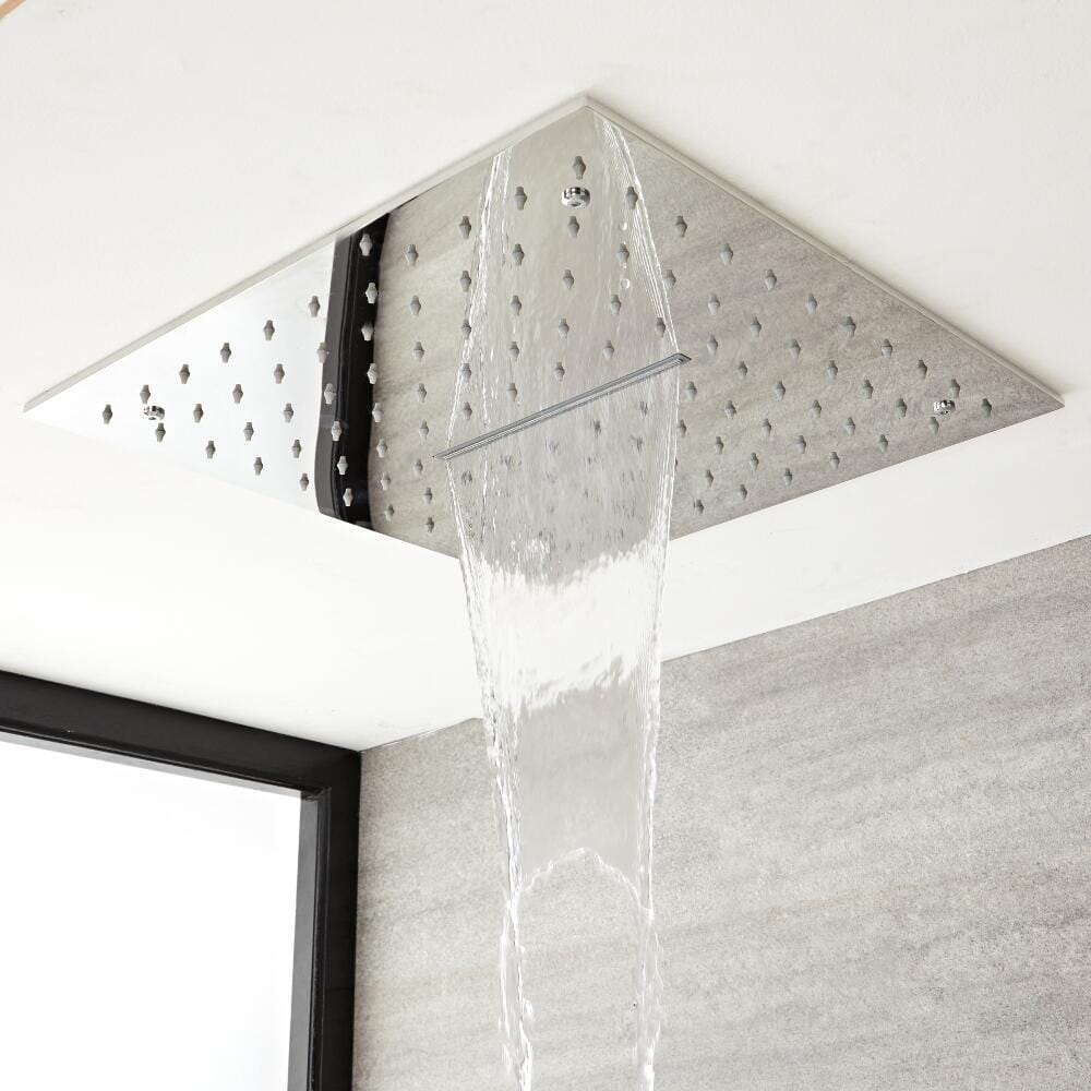 Soffione Doccia da Incasso Quadrato a Soffitto Quadrato 400x400mm Effetto Pioggia e Cascata  Acciaio Inox – Trenton